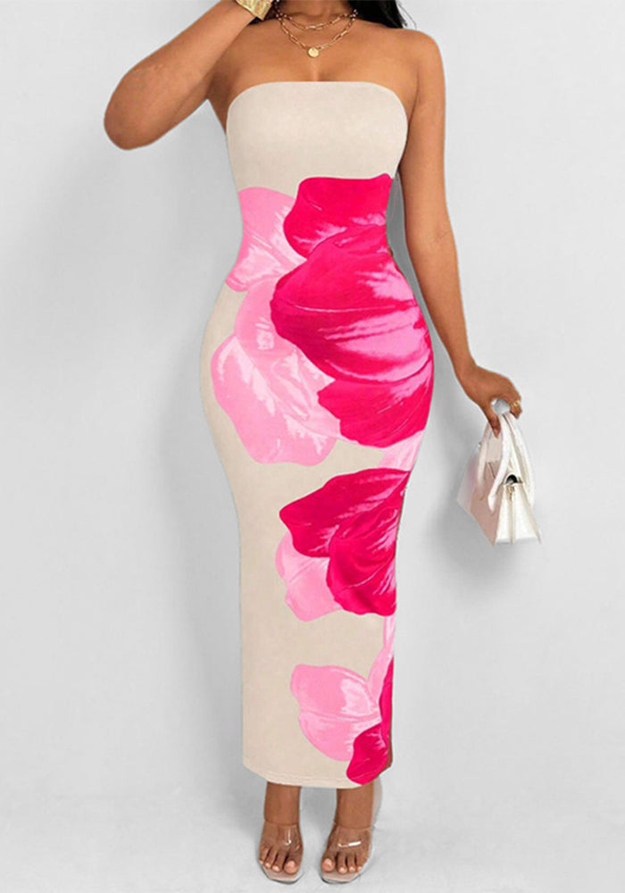 Women Spring elegant floral Strapless print Maxi Dress