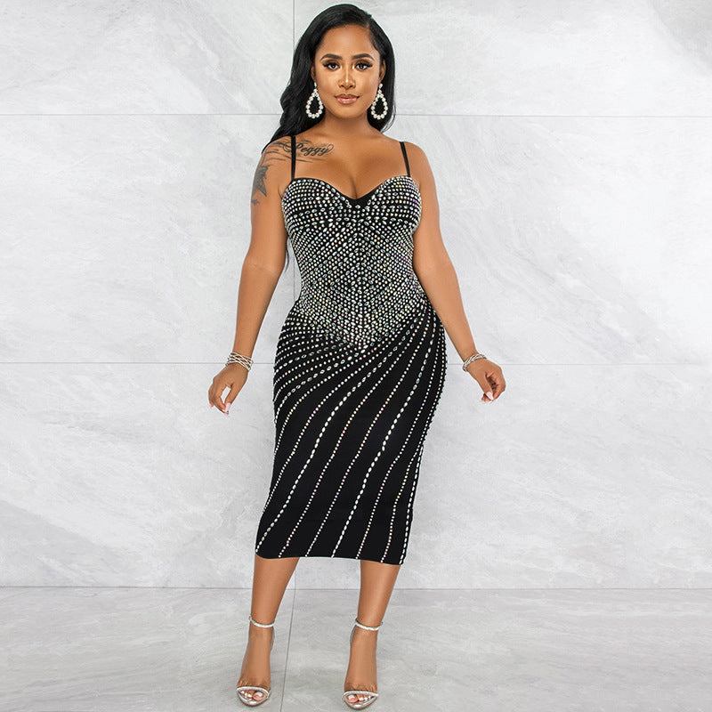 Summer Women's Sexy Strap Sleeveless Beaded Mesh Club Dress