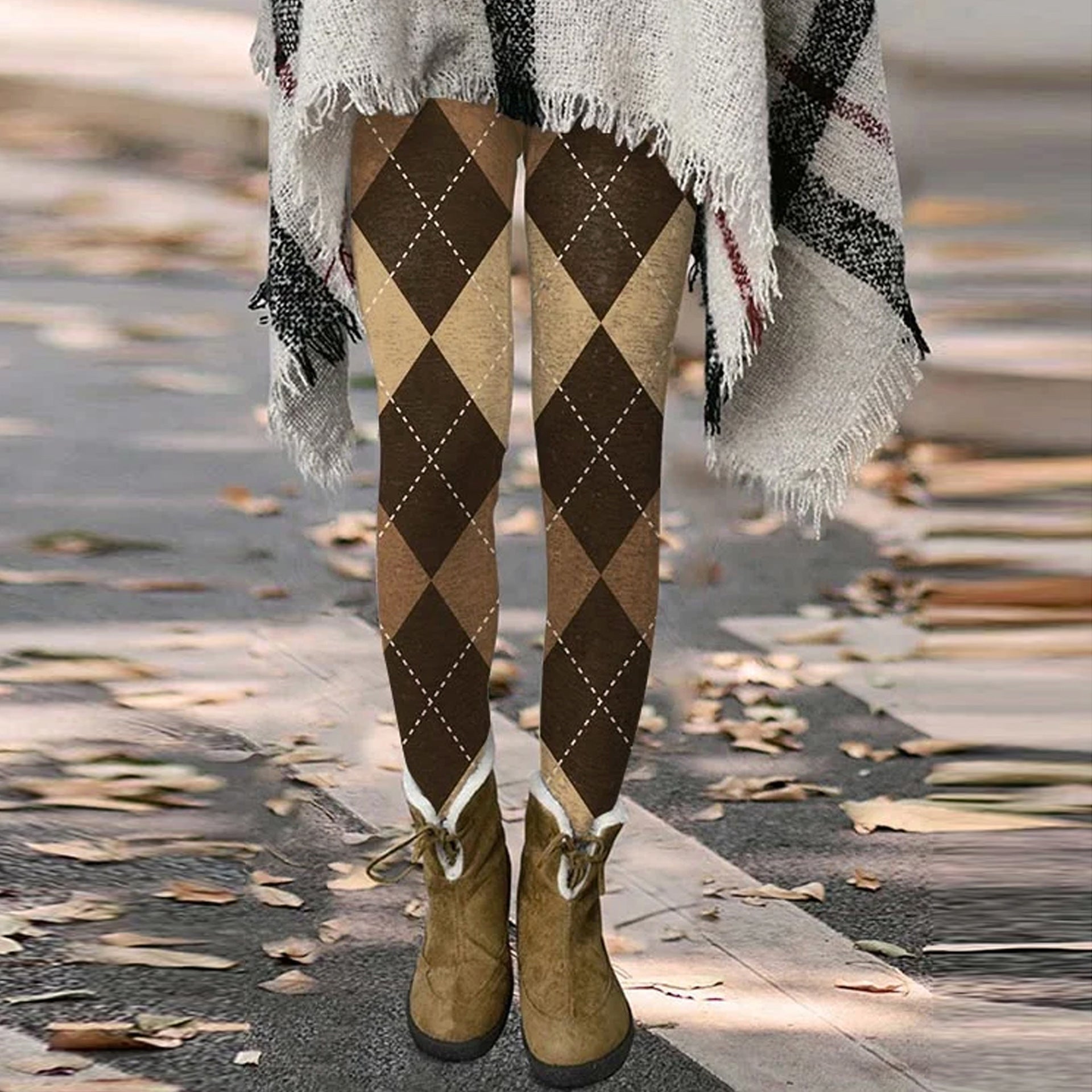 Autumn And Winter Diamond Plaid Print Close-Fitting Basic Pants 7