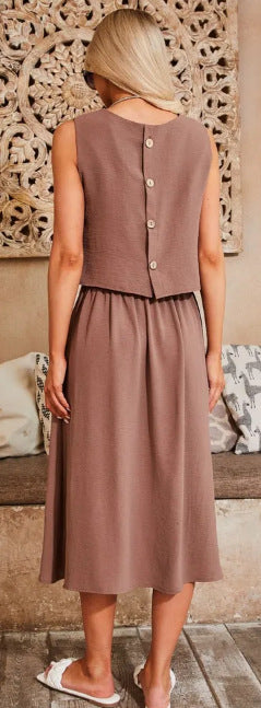 Women Casual Solid Round Neck Top and Skirt Two Piece Set 35