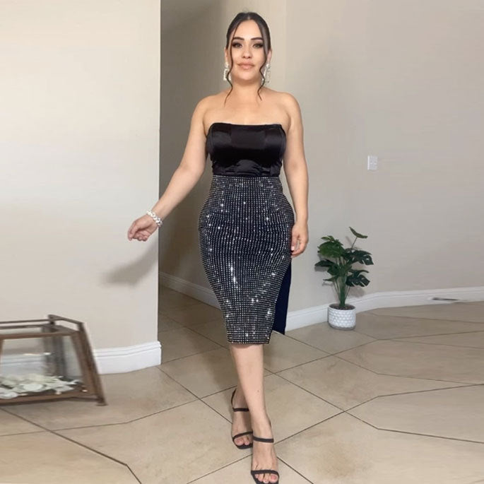 Women Sexy Top Beaded Bodycon Dress Two-piece Set 4