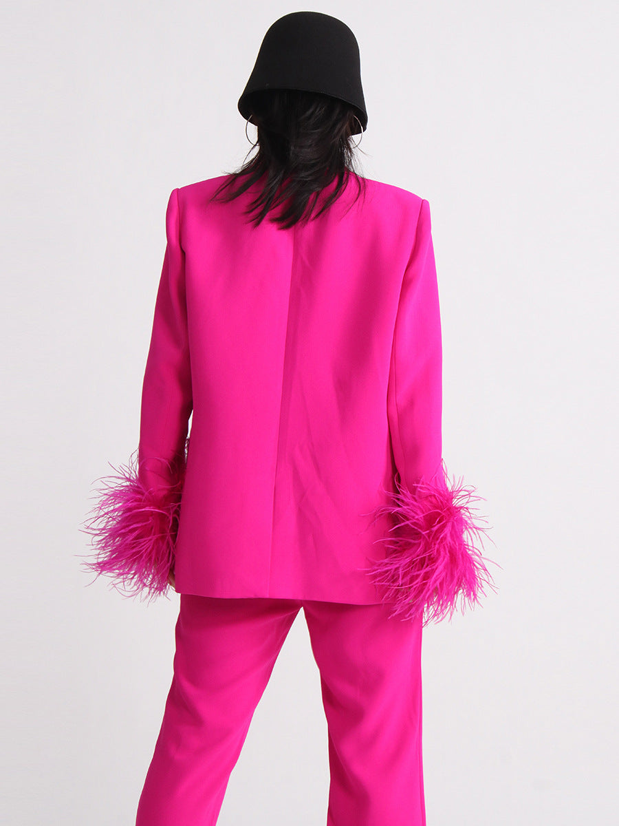 Women Neck Diamond Cuffs Patchwork Ostrich Feather Long Sleeve Blazer 6