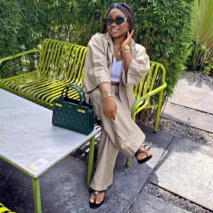 Fashion Women's Solid Color Casual Shirt & Tie Trousers African Two-Piece Summer Set 4