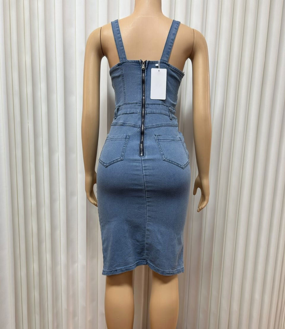 Strap Sexy Low-Back Slim Waist Irregular Denim Dress for Women 6