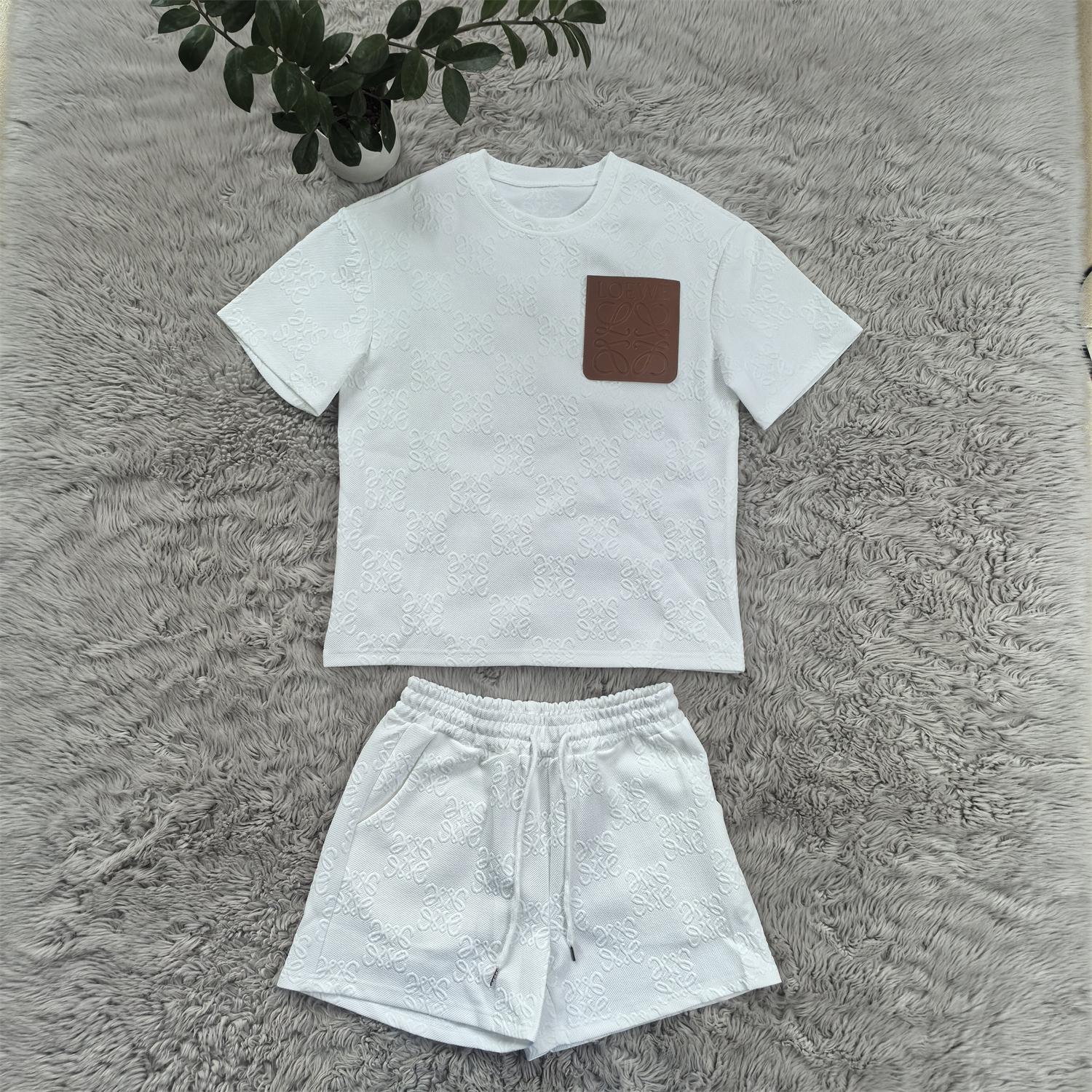 Women's Fashion Casual Leather Pocket Jacquard Short Sleeve Sport Shorts Set 10