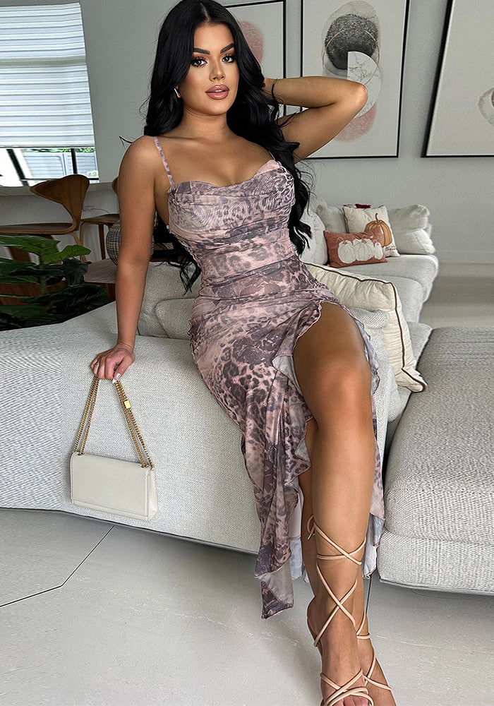 Women Sexy Slit Suspender Ruffle Dress