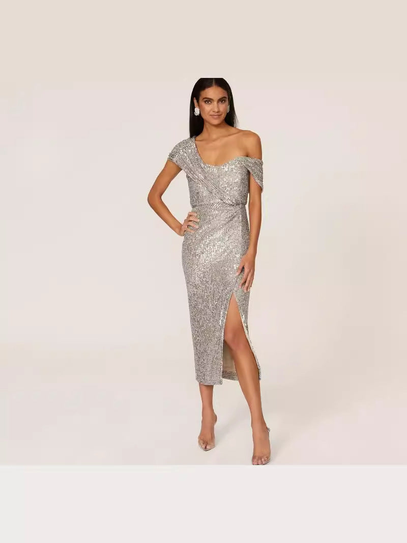 Women's Sequin Slash Shoulder Slit Sexy Party Dress 4