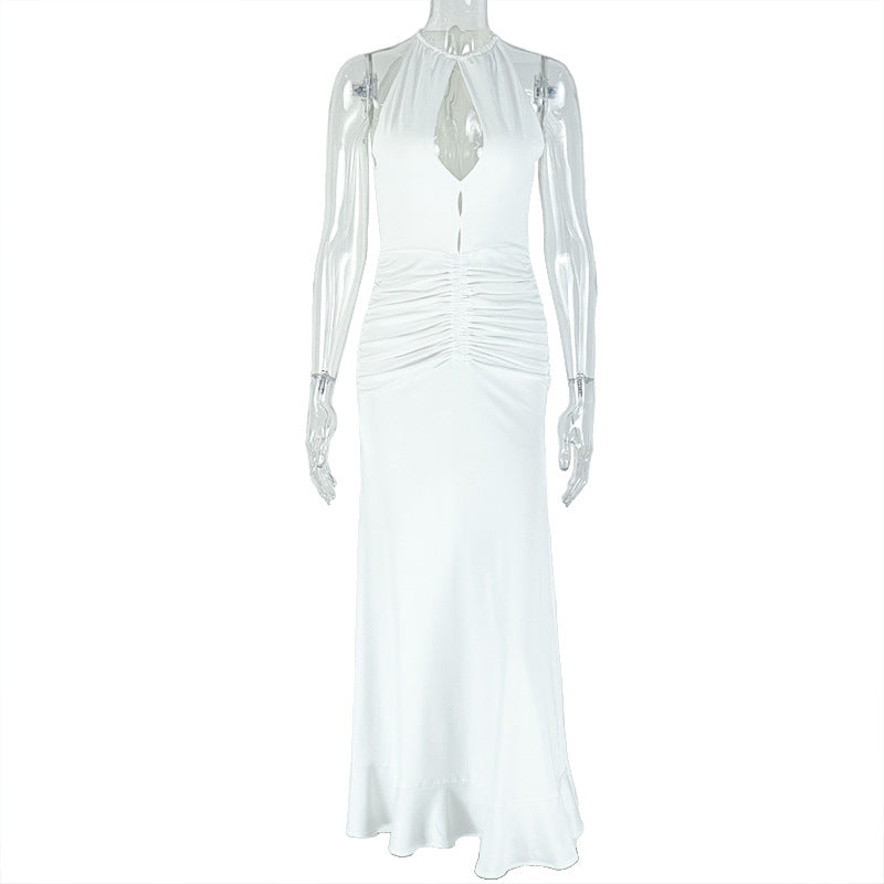 Women Pleated Sexy Hollow Bodycon High Neck Sleeveless Solid Maxi Dress 5