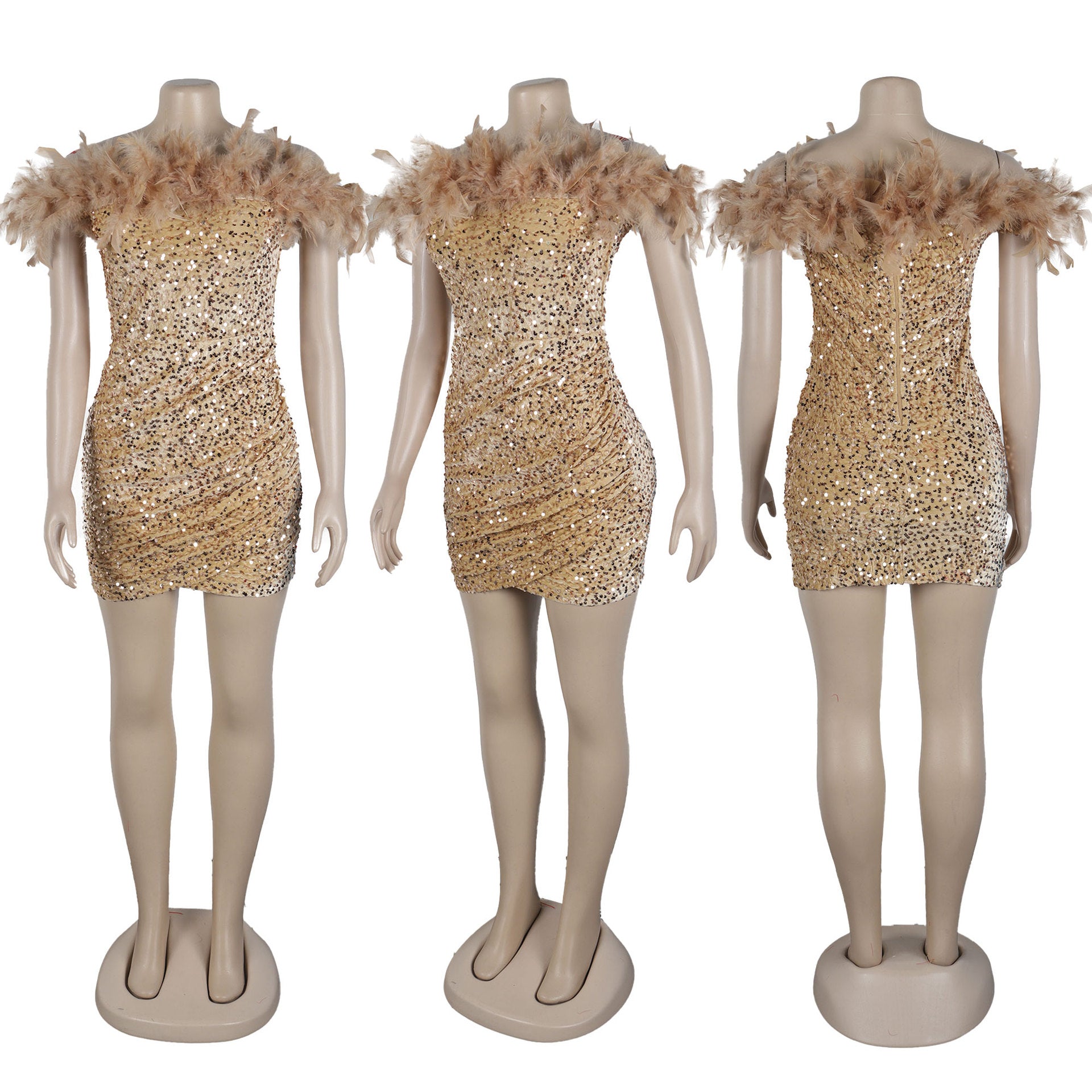 Sexy Sequin Feather Off Shoulder Bodycon Dress 28