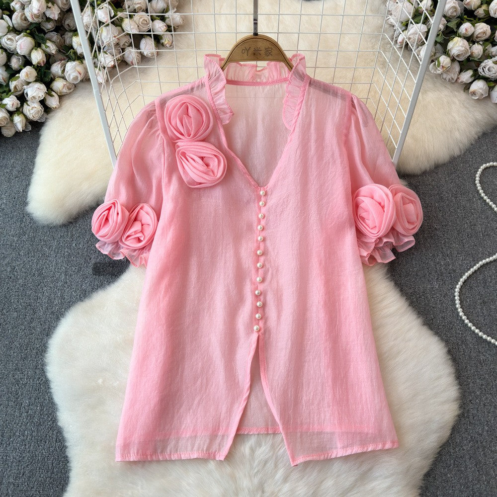 Women French Summer Short Sleeve Flower Mesh Shirt 12