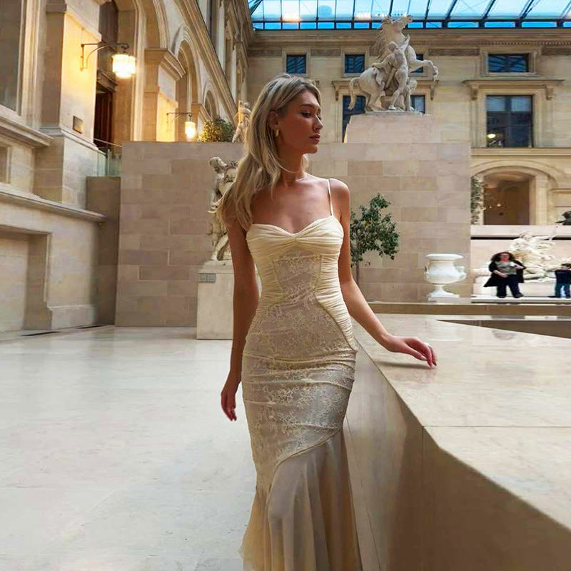 Spring And Summer Women's Style Strap Long Sexy Sexy Lace Pleated Dress 5