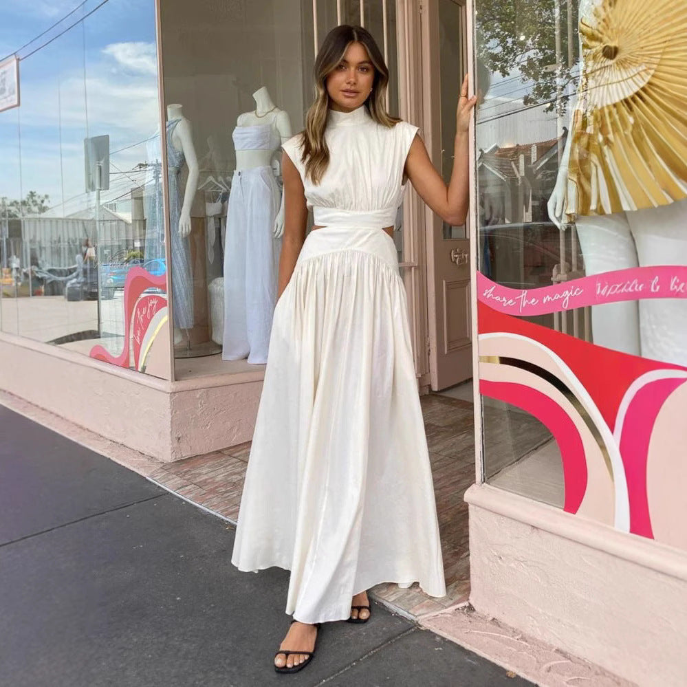 Holidays Style Solid Color Open Waist Sexy Ruffle Maxi Dress 4