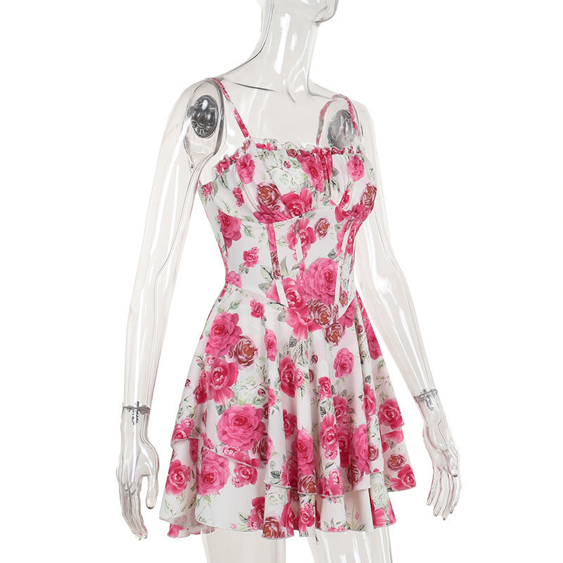 Women summer sexy rose print suspender dress 7