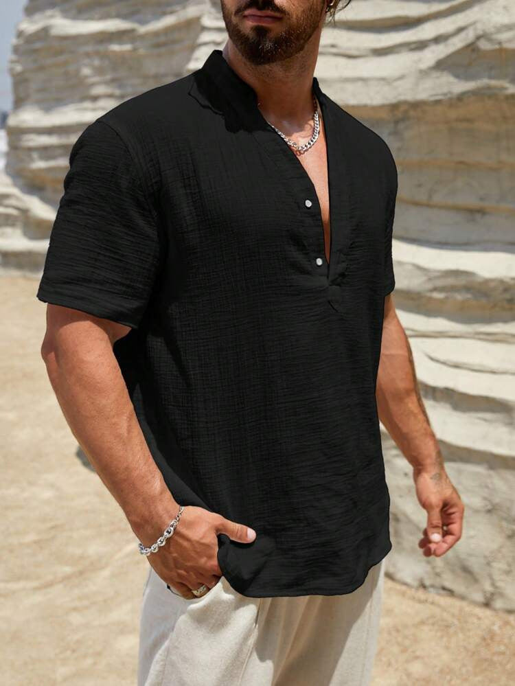 Men's Solid Stand Collar Short-Sleeve Fashion Shirt 13