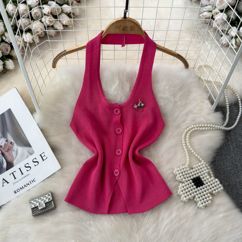 Fashionable Halter Neck Low Back Breasted Slim Fit Knitting Vest Women's Outdoor Wear Trendy Basic Top 4
