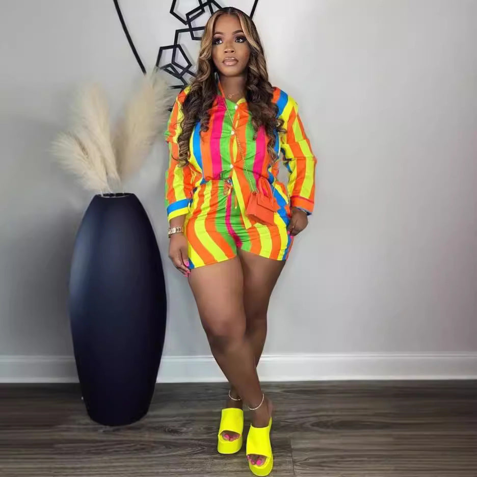 Women Popular Stripe Top and Shorts Casual Two-piece Set 3