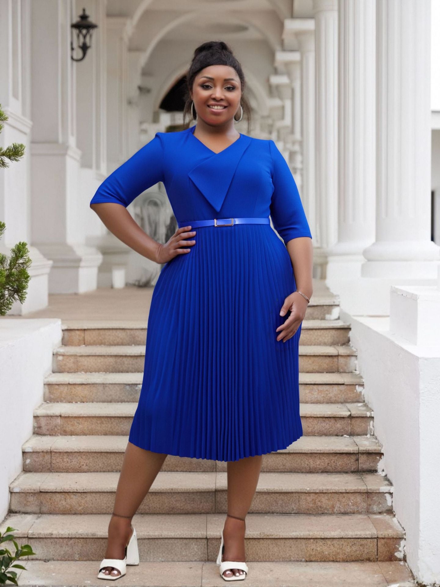 Plus Size fashion Career women's summer fashion Chic V-neck solid color pleated office dress 4