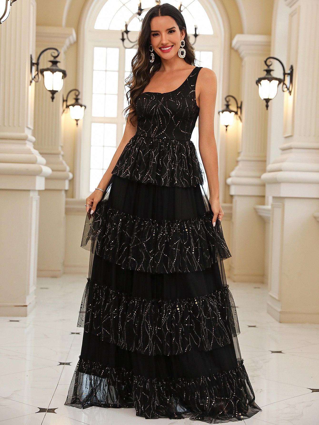 Summer Women's Slash Shoulder Cascading Ruffles Mesh  Elegant Chic Long Evening Dress 3