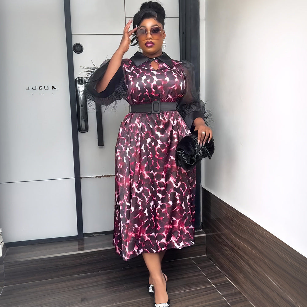 Plus Size African Women Three-quarter Sleeve Black Feather Turndown Collar Print Dress 4