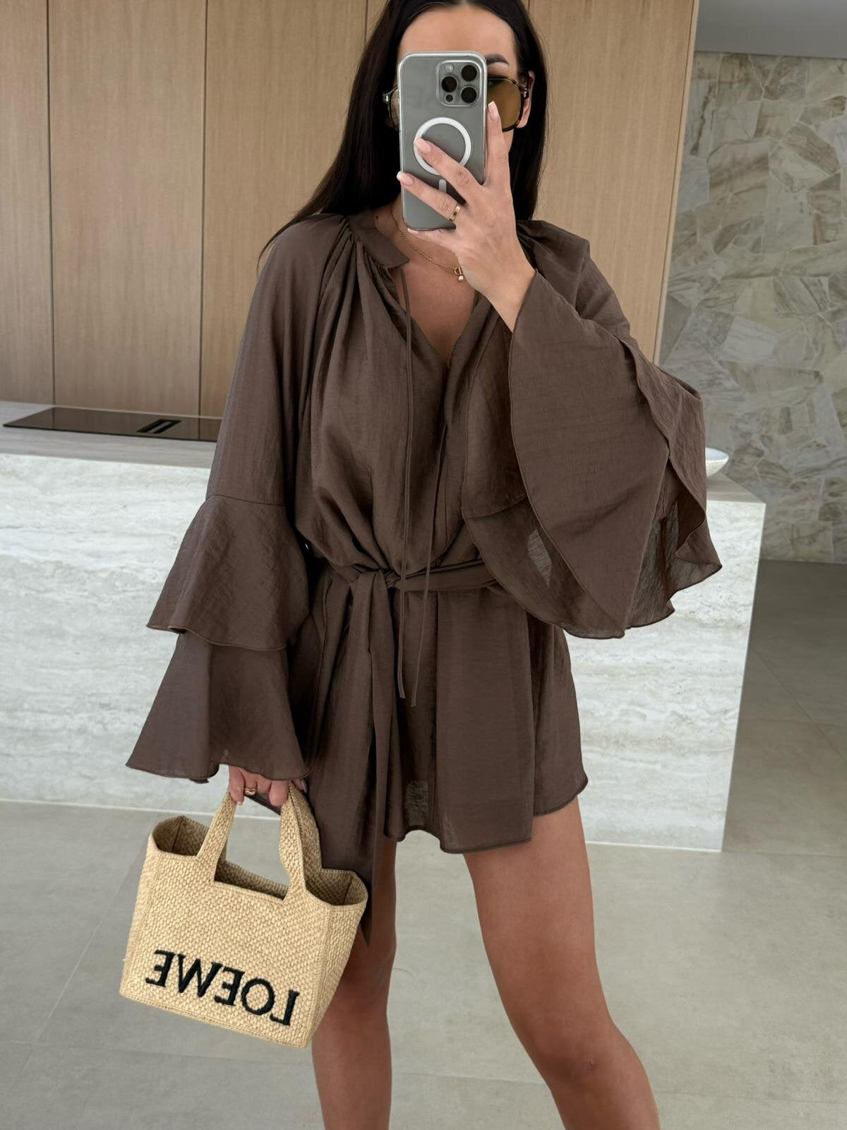 Women Spring Solid V neck irregular lace long sleeve dress 5