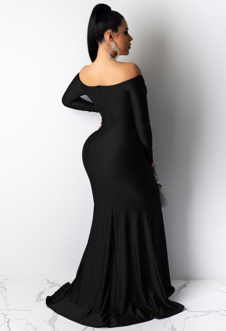 Women Spring Black Sexy Sweetheart Long Sleeve Side Slit Mermaid Evening Dress