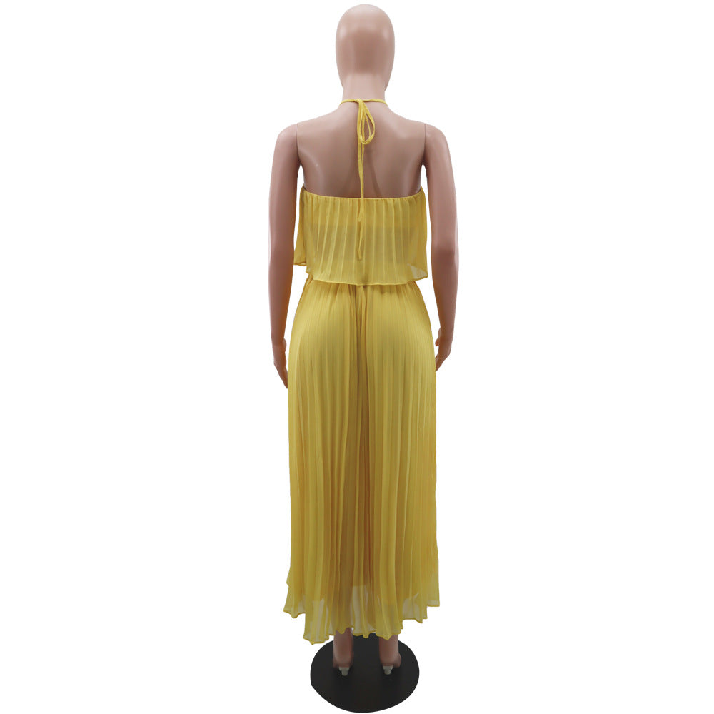Sexy Low Back Halter Neck Tank Top Pleated Maxi Skirt Two-Piece Set 15
