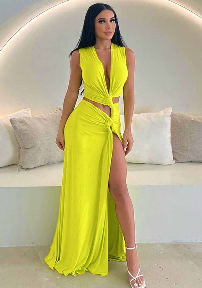 Women's Summer Solid Color Sexy Deep V Hollow Slit Slim Long Dress