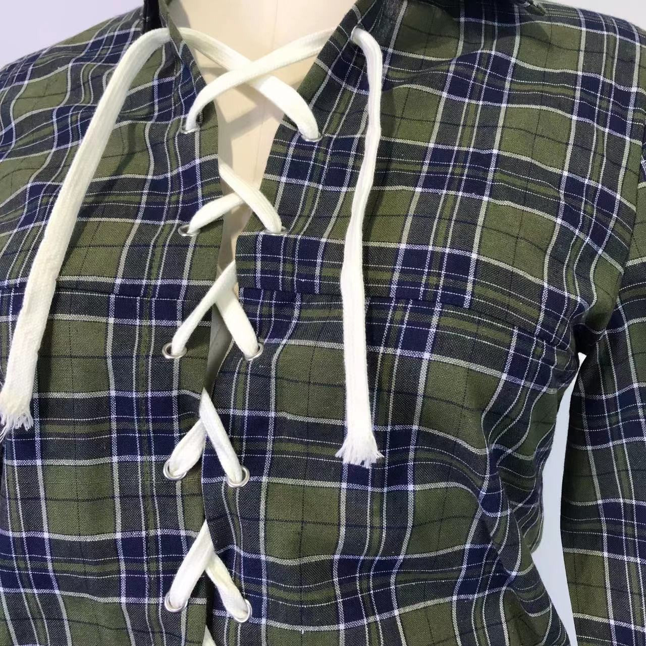 Women Casual Sexy Plaid Long-Sleeve Lace-Up Shirt 10