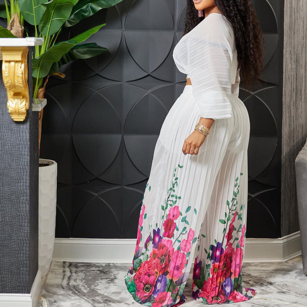 Fashion Suit Women's V-Neck Bat Sleeves Chiffon Top Pleated Wide Leg Pants Two Piece Set