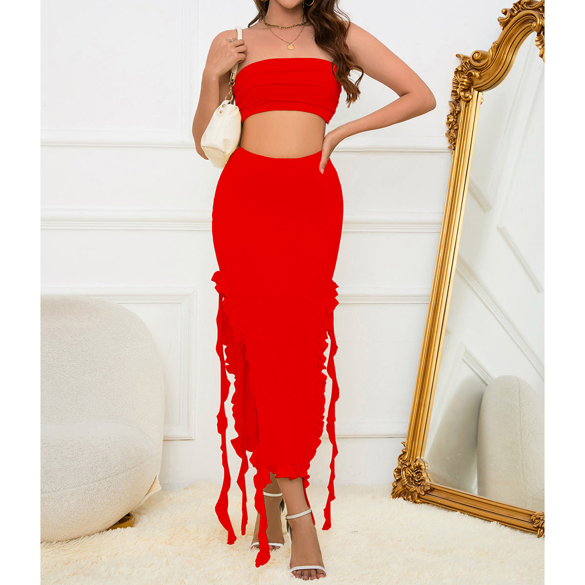 Women's Sexy Solid Color Strapless Slim Two Piece Skirt Set 5