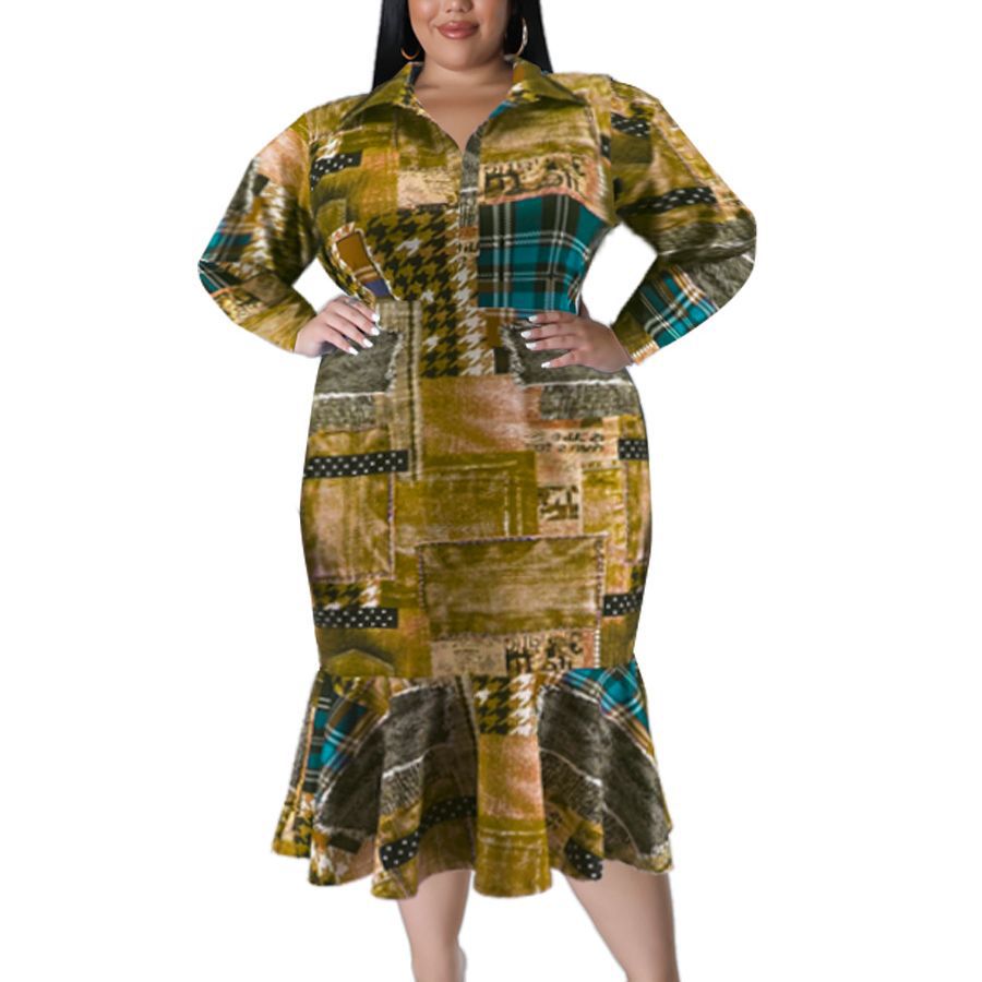 Plus Size Fall Women's Collared Open Long Sleeve Dress 8