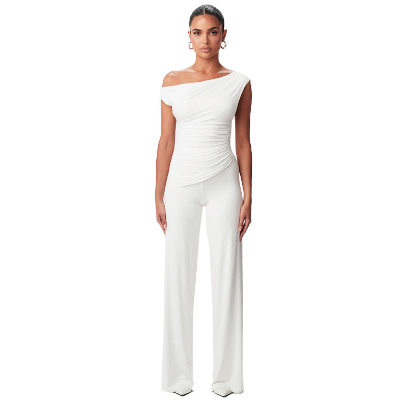 Women's Spring Summer Slash-Shoulder Gathered Waist Top Loose Pants Set 7