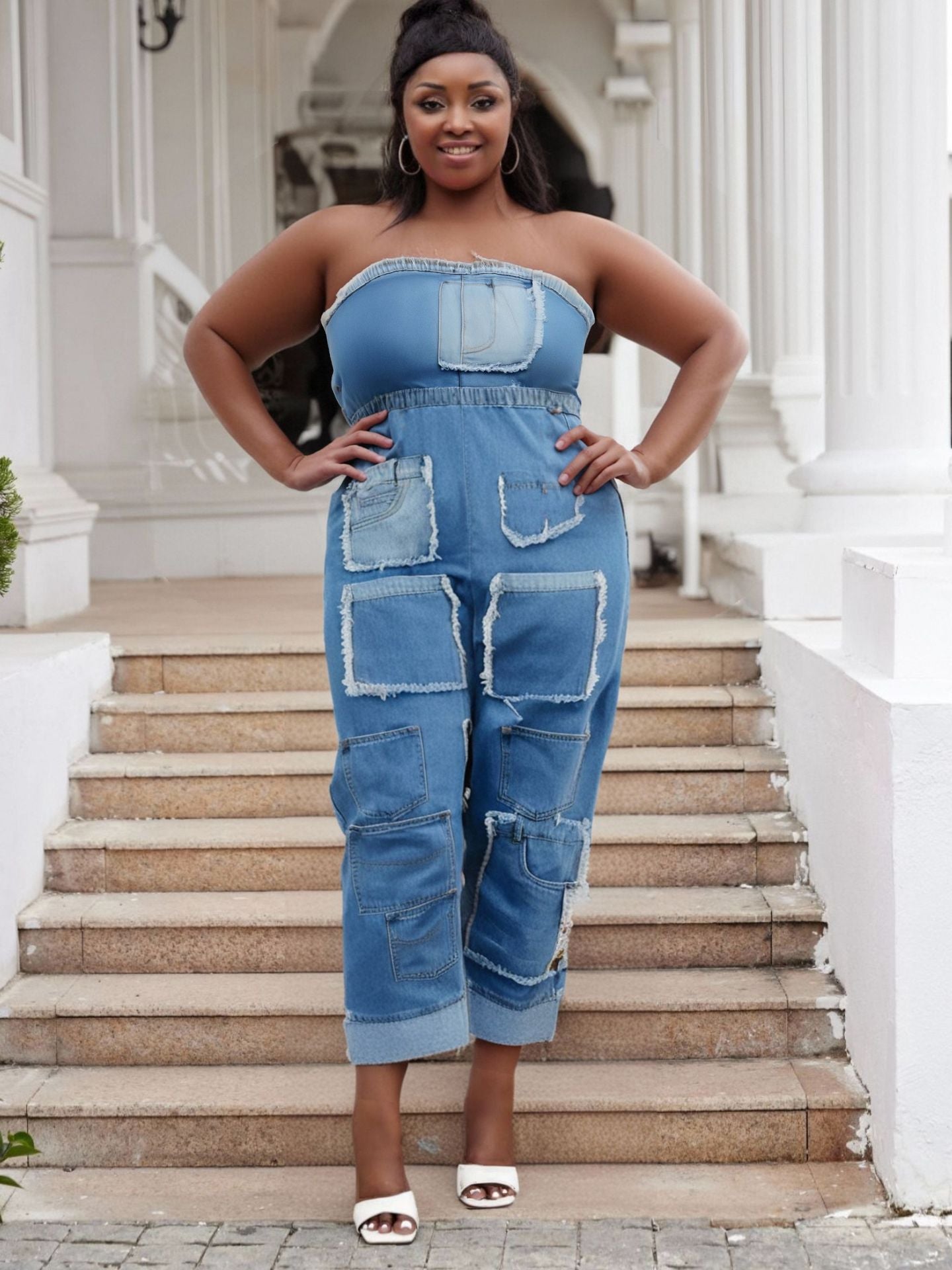 Plus Size Strapless Multi Pocket Patch Cargo Denim Jumpsuit 5