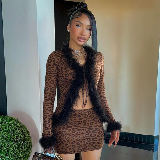 Fashionable Sexy Fur Patchwork Leopard Print Long-Sleeved Top Slim Mini Skirt Two-Piece Set 3