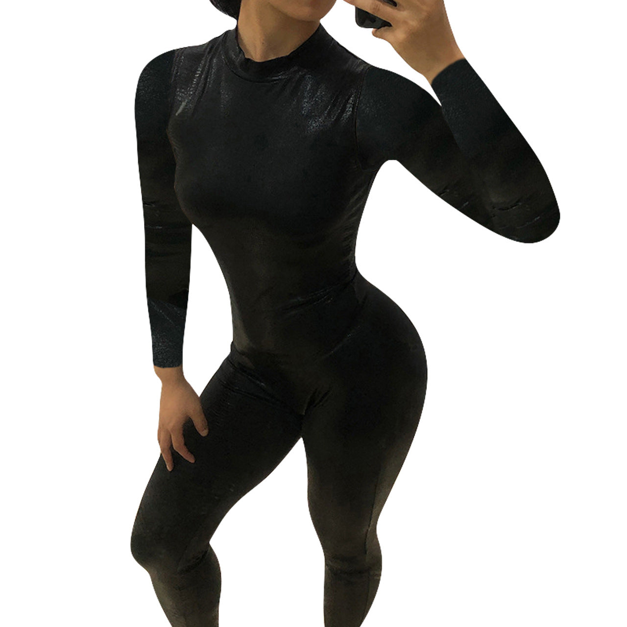 Women Fall Women Clothing Solid PU-Leather Pleated Snake Print Long Sleeve Bodycon Jumpsuit 5