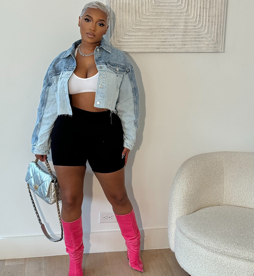 Women Casual Color Block Single Breasted Long Sleeve Denim Jacket