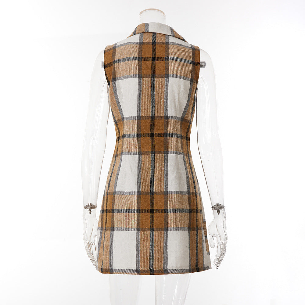 Women's Fashion Plaid Long Vest Turndown Collar Sleeveless Blazer 42