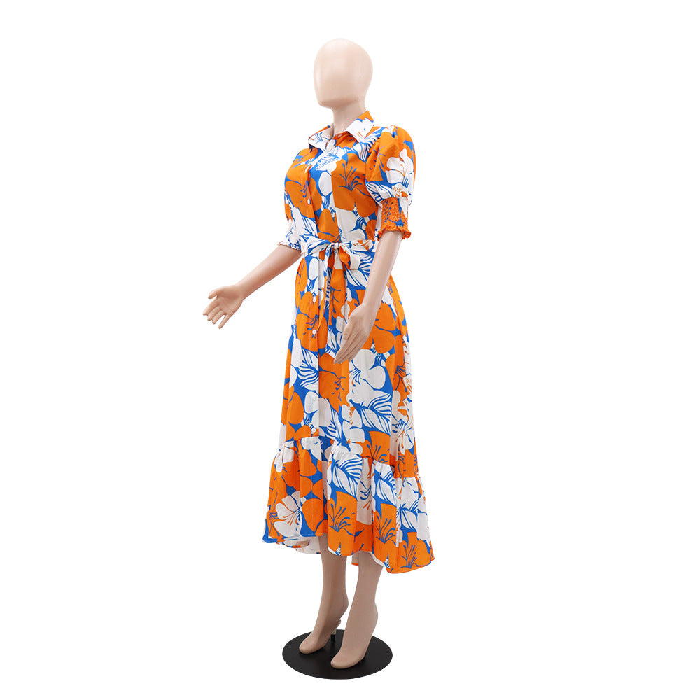 Women's Summer Print Turndown Collar Belt Slim Waist Long Dress 8
