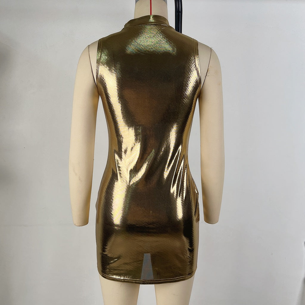 Women's Shiny Faux Leather Sleeveless Slim Waist Bodycon Dress 7