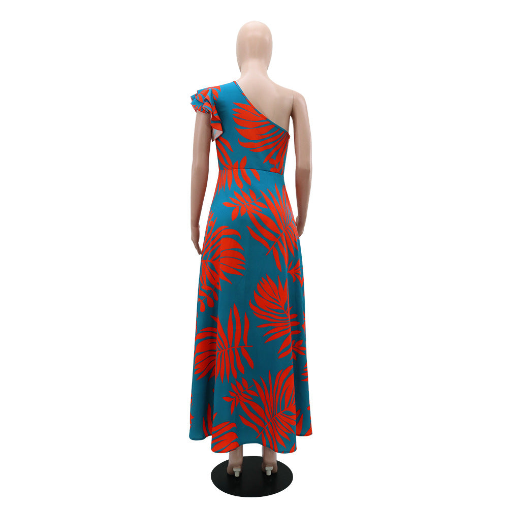 Women's Slash Shoulder Sexy Slit Printed Formal Party Evening Dress