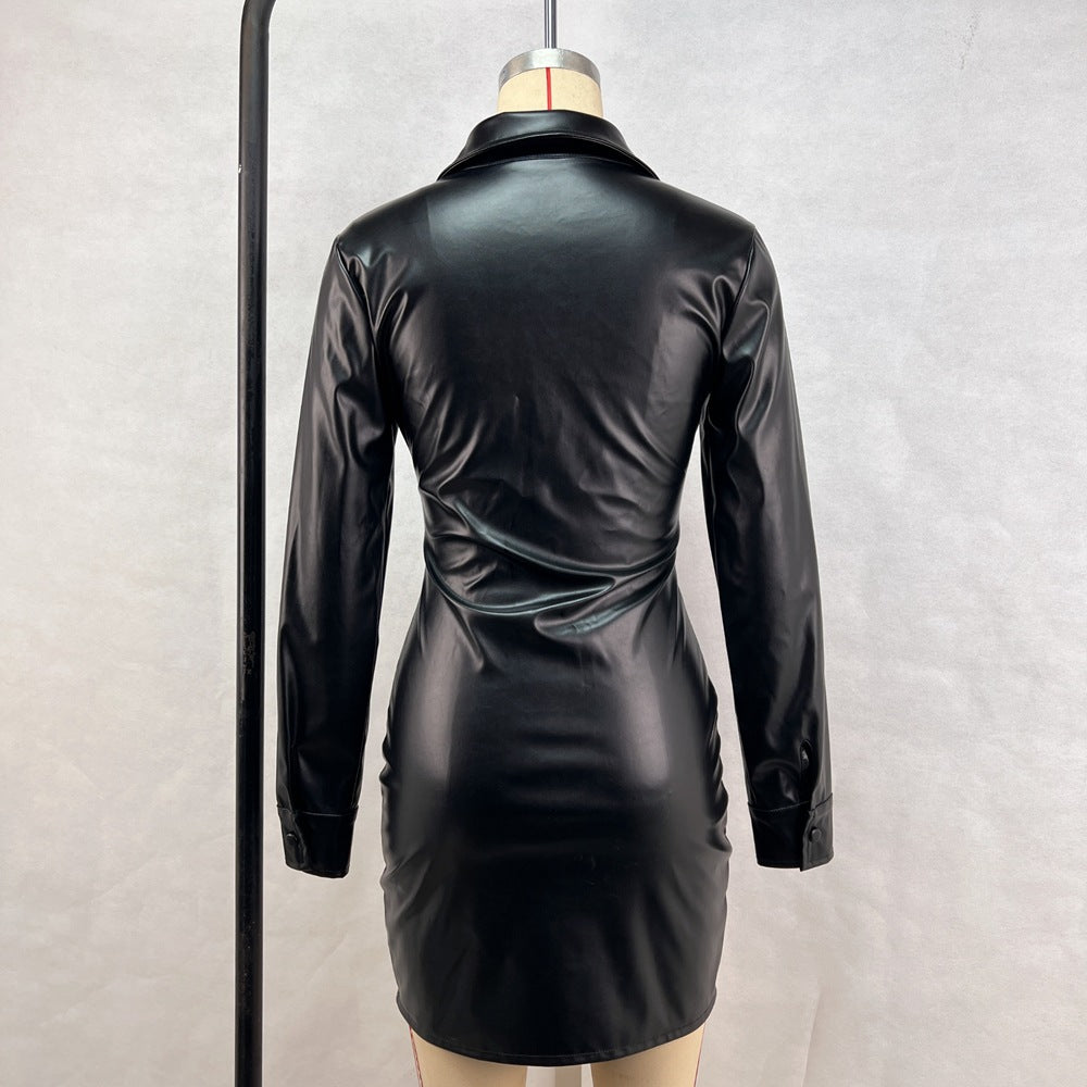 Autumn Winter Women's Pleated Slim Single-Breasted Pu Leather Long-Sleeved Dress 5