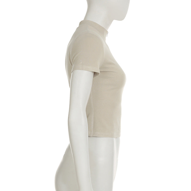 Slim Sports Basic Stand Collar Short Sleeve t-shirt Sports Casual Zipper Top 7