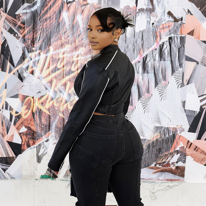 Women autumn PU leather zippered long-sleeved jacket 5