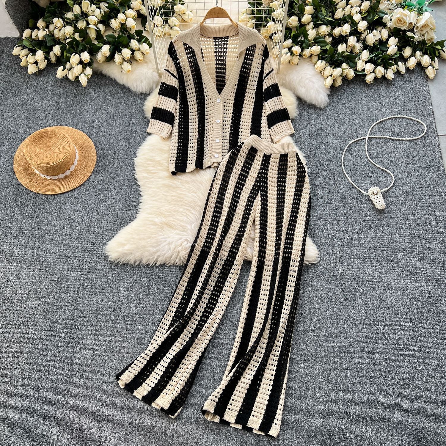 Women's Summer V-Neck Loose Knit Cardigan Top + Wide-Leg Pants Set Color-Block Striped Hollow-Out Outfit 17