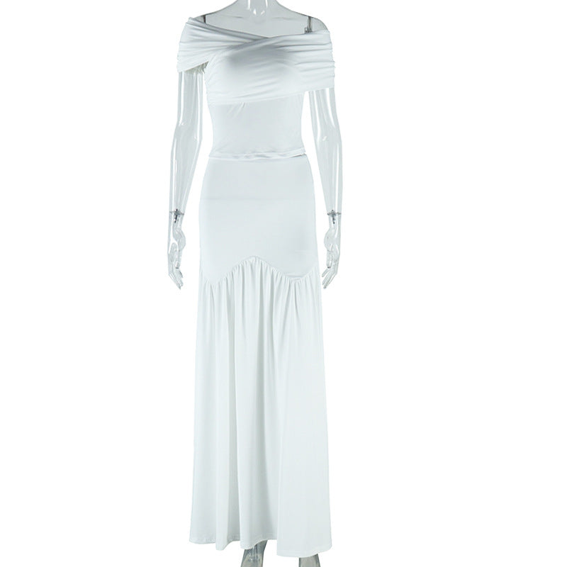 Women's Solid Color Sexy Off Shoulder Slim Top Pleated Skirt Trendy Two Piece Set 5