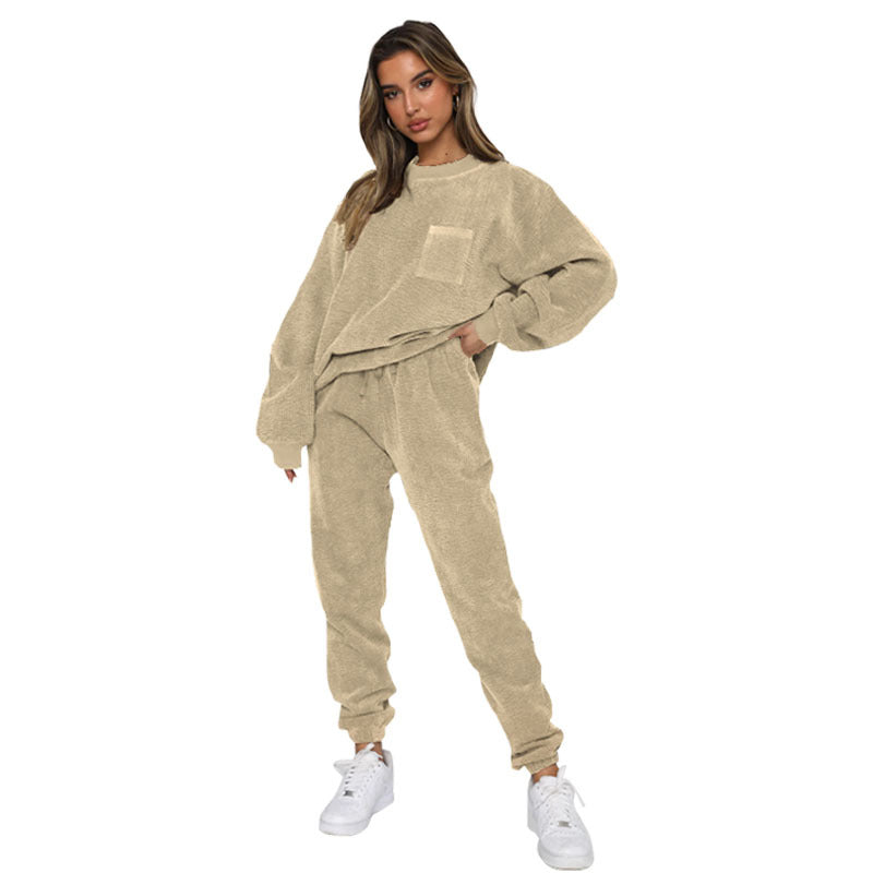 corduroy solid color Round Neck pullover long-sleeved two-piece fashion trouser suit women 18