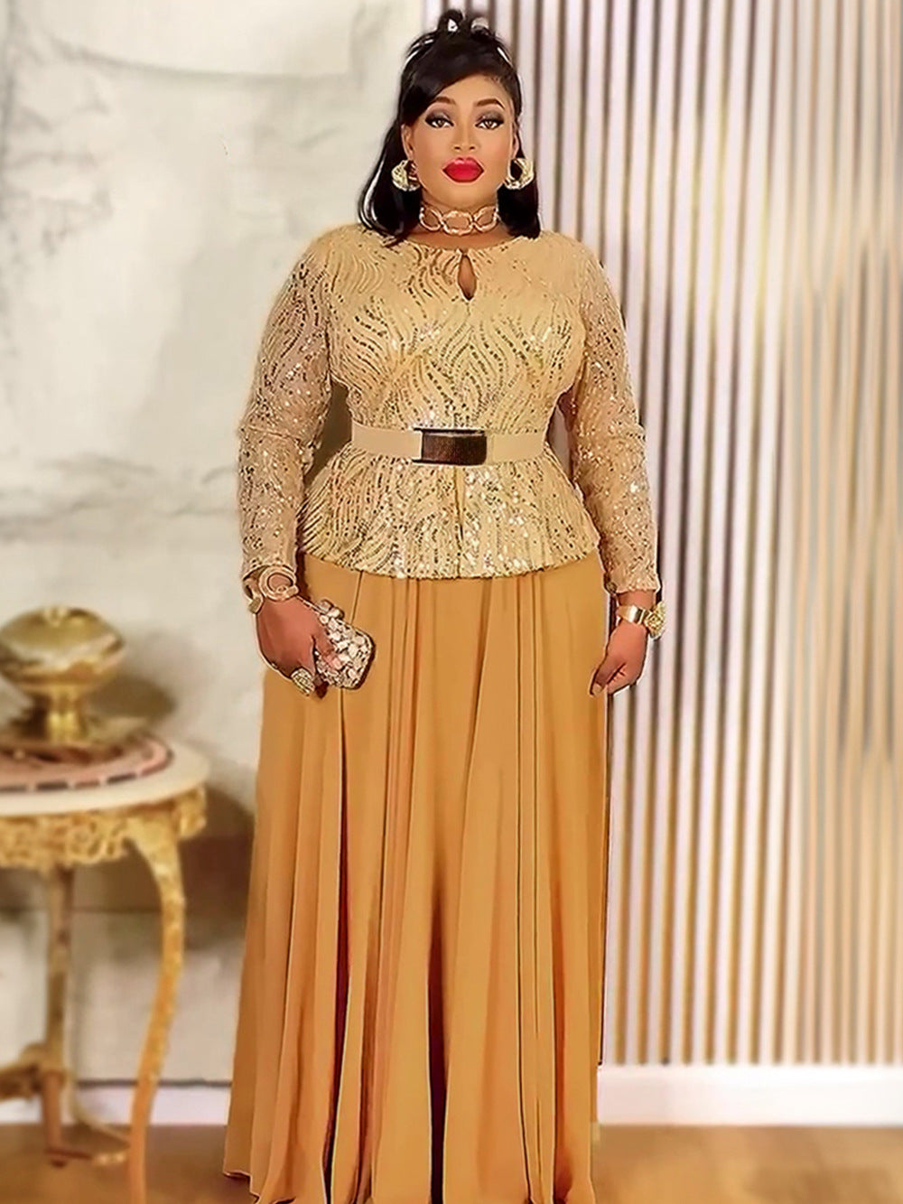 Sequin Formal Party Gown African Women's Plus Size Dress with Belt 5