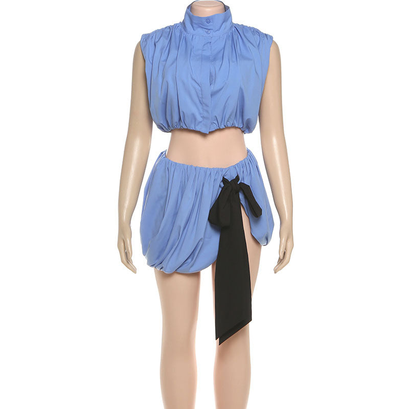 Autumn Women's Fashion High Neck Color Block Sexy Crop Top Short Skirt Set 6