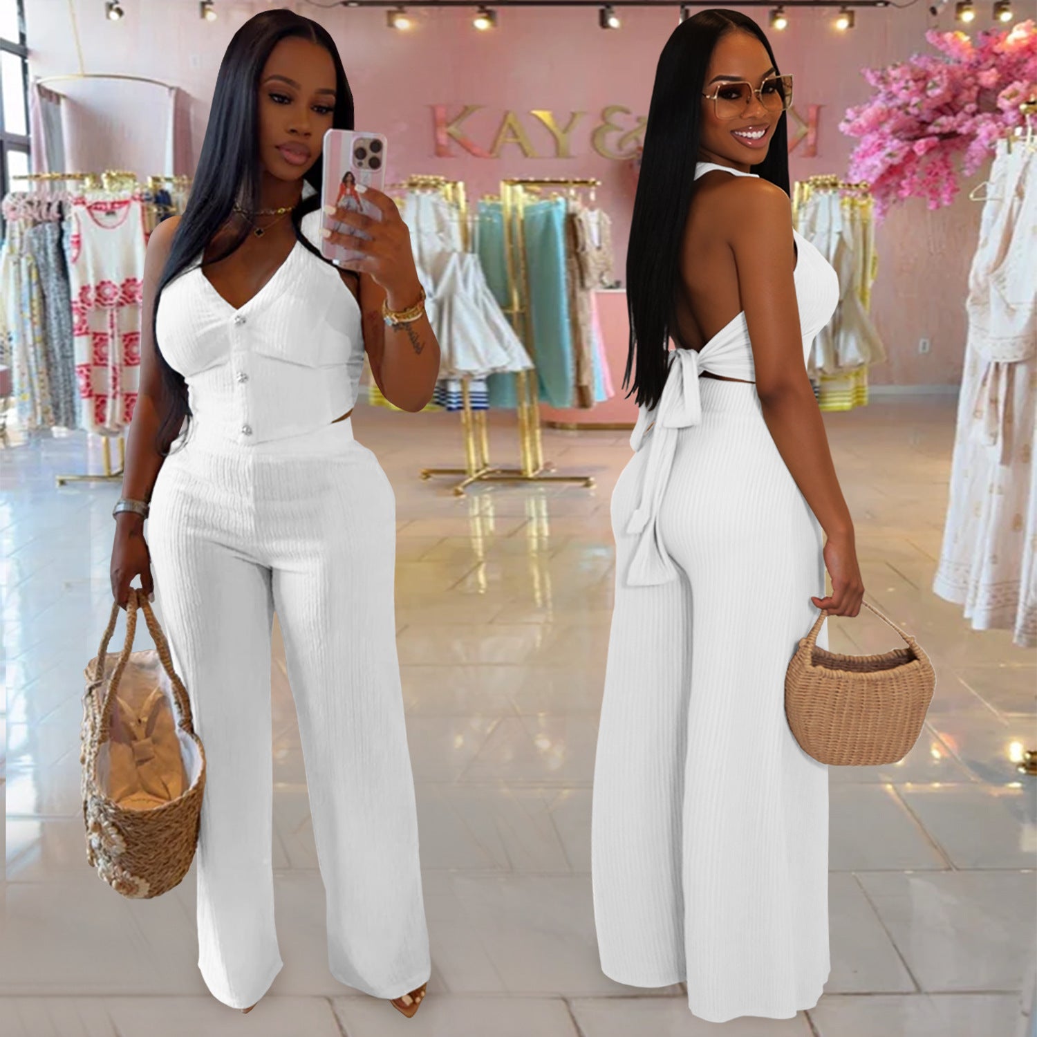 Fashion Women's Casual Halter Neck Lace-Up Top & Pants Two-Piece Set 7
