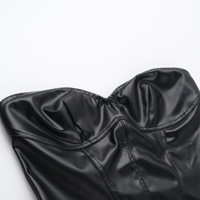 Women Summer Sexy Leather Strapless Bodycon Dress 13